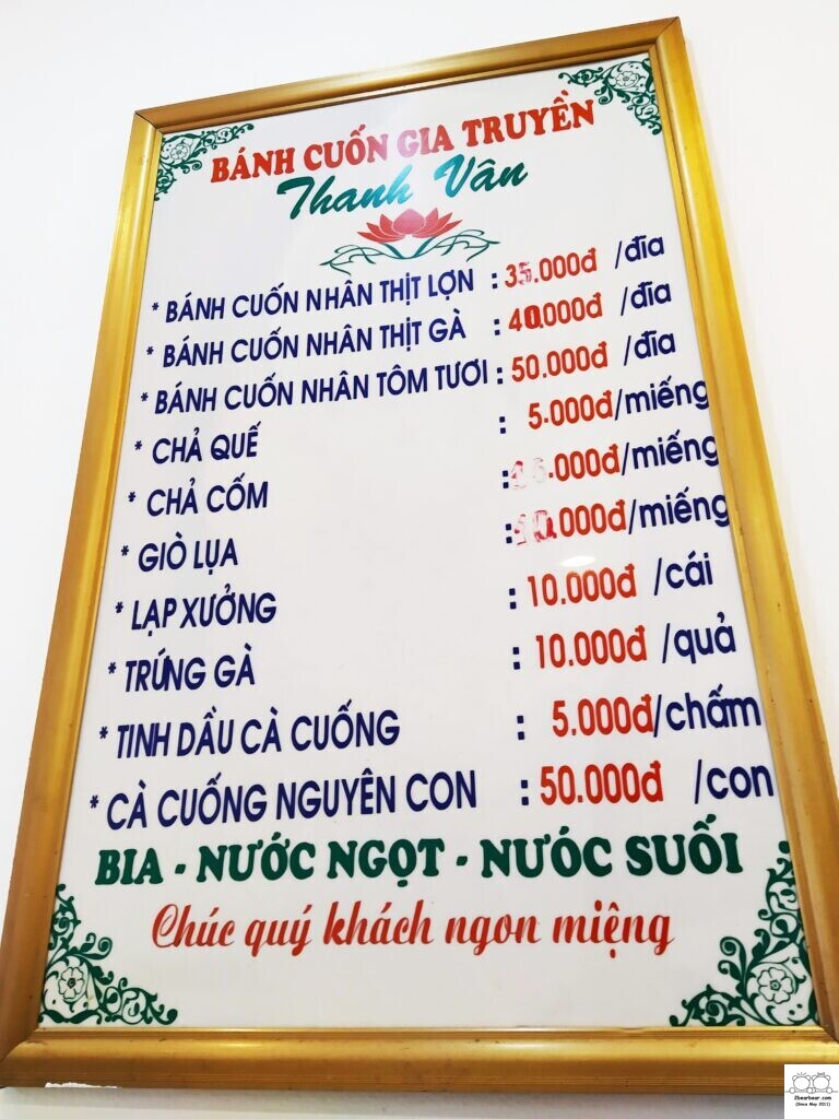 Banh Cuon Thanh Van Hanoi Menu