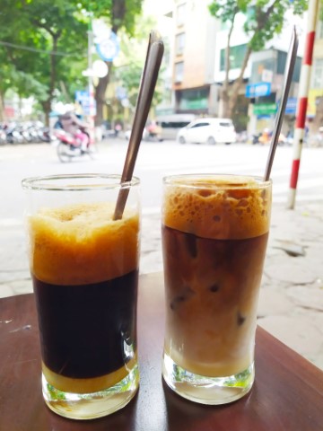 White Coffee with condensed milk and fresh milk and Brown Vietnamese Coffee coffee with condensed milk from Cafe 4H aka 4h Ca Phe Hanoi