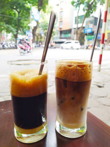 White (Coffee with condensed milk and fresh milk) and Brown Vietnamese Coffee (coffee with condensed milk) from Cafe 4H (aka 4h Ca Phe) Hanoi