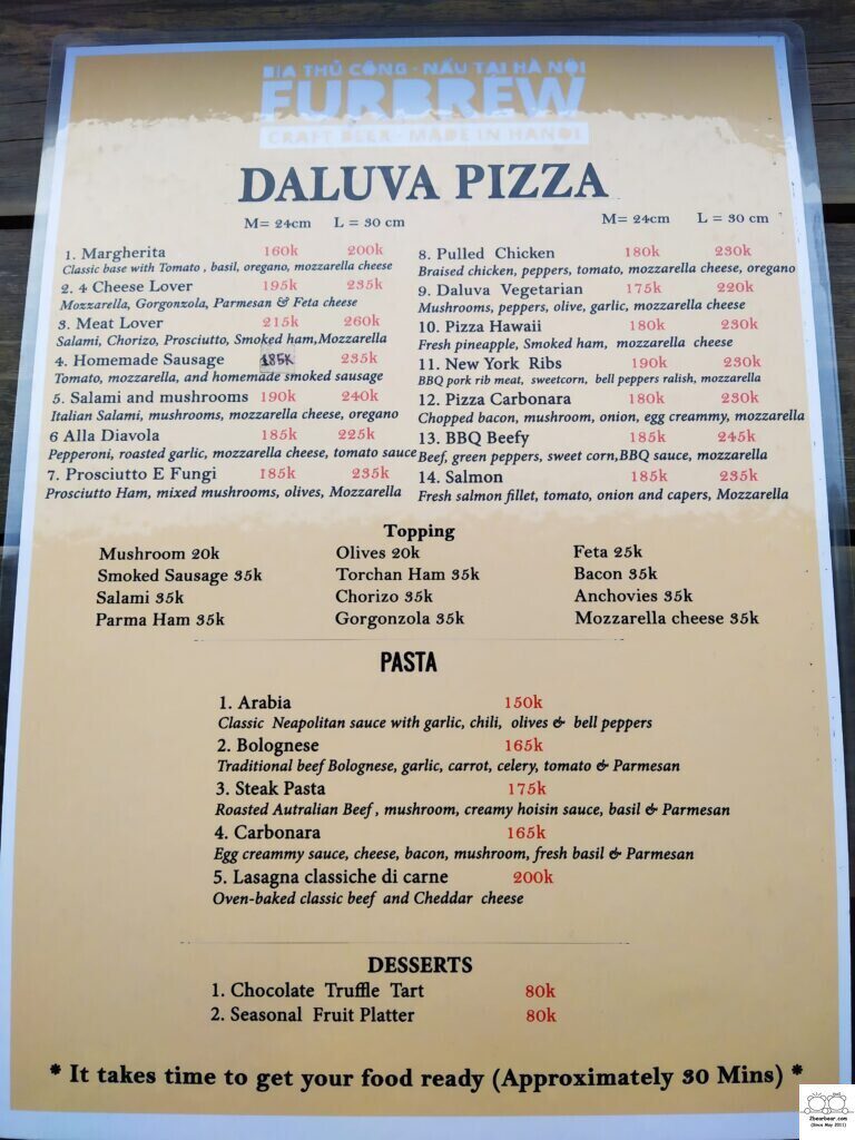 The Box Bar Menu (formerly known as Furbrew) - Pizzas