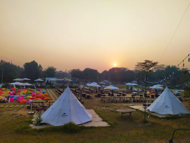 Sunset over Six Doong Cafe located inside Vuon Hoa Phuong Linh Hanoi Botanical Gardens