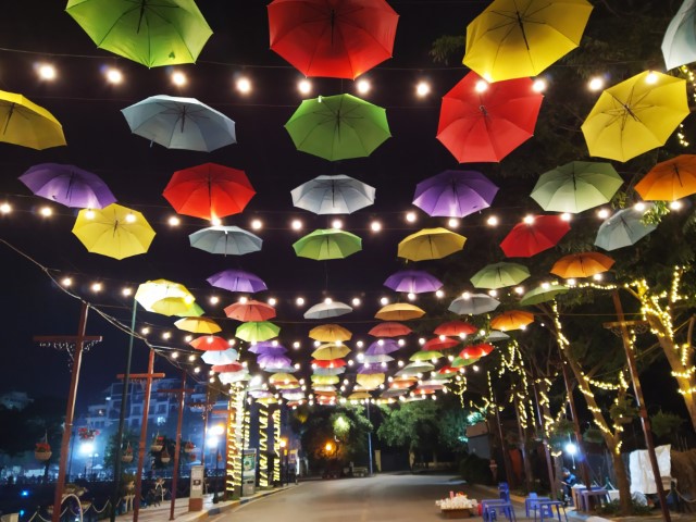 Colourful umbrellas along Trinh Cong Son Walking Street Hanoi