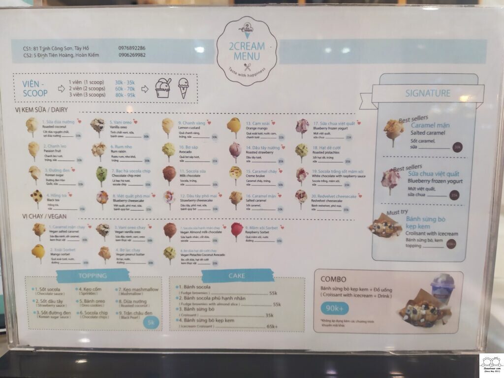 Menu of 2 Cream Ice Cream Parlour Trinh Cong Son Walking Street