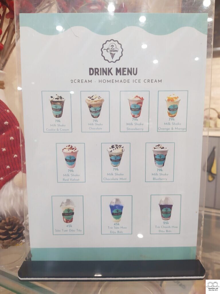 Drinks Menu of 2 Cream Ice Cream Parlour Trinh Cong Son Walking Street