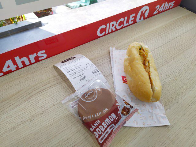 Light snacks at Circle K before visiting Fuji Spa Center Hanoi - Pate and Egg Banh Mi (18k VND) and Doraemon Dorayaki (12k VND)