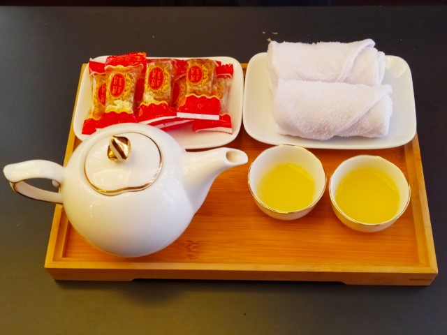 Welcome tea, snacks and hot towels at Fuji Spa Center Hanoi
