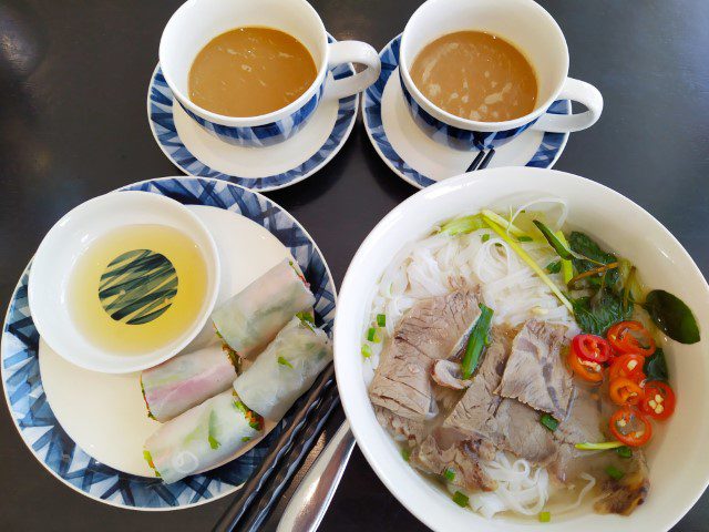 What we had at Song Hong Business Lounge Hanoi Noi Bai International Airport - Beef Pho, Vietnamese Rolls