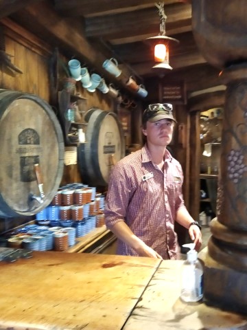 Our wonderful guide Keelan serving our beers at the Green Dragon Inn Hobbiton
