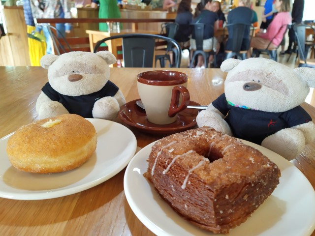Donut and Cronut ($6 each) with Long Black Coffee ($4) from The Shire's Rest Cafe Hobbiton New Zealand