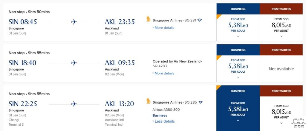 Cost of one-way SQ business class tickets from Singapore to Auckland