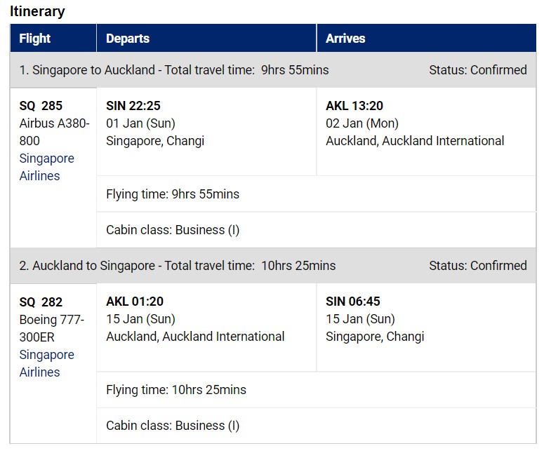 SQ Business Class from Singapore to Auckland (return) flight details