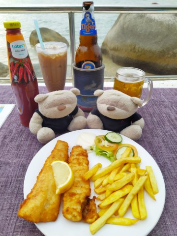 Miami Cafe Penang - Fish & Chips (25RM), Large Tiger (25RM) and Iced White Coffee (5RM)