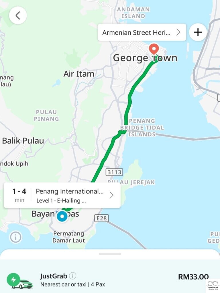 Grab Ride from Penang Airport to George Town would have cost about 33RM