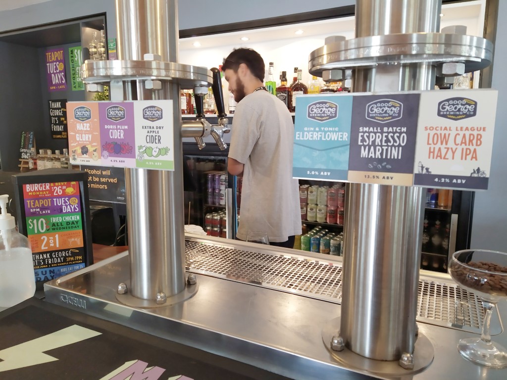 Craft beers on tap at Cornerstone Taphouse Taupo - Haze of Glory, Doris Plum Cider, Extra Dry Apple Cider, Gin & Tonic Elderflower, Small Batch Espresso Martini, Social League Low Carb Hazy IPA