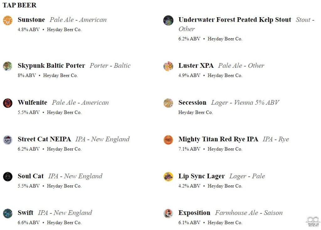 Heyday Beer Co Craft Beer Tap List