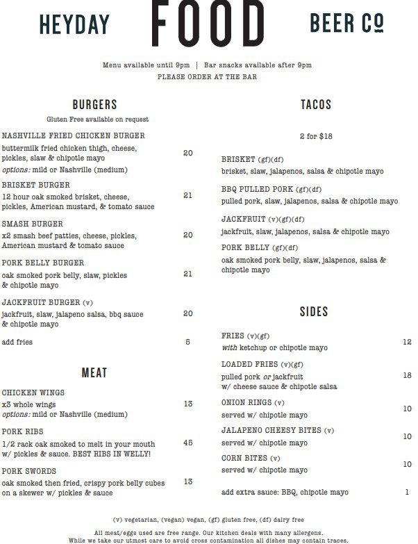 Heyday Beer Co Food Menu