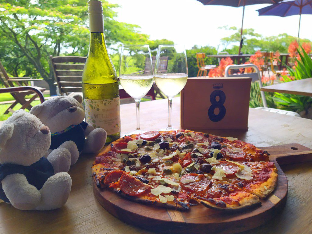 Maltese Falcon Pizza ($25) and Wildsong Sauvignon Blanc ($33) at Te Awanga Estate Hawke's Bay New Zealand