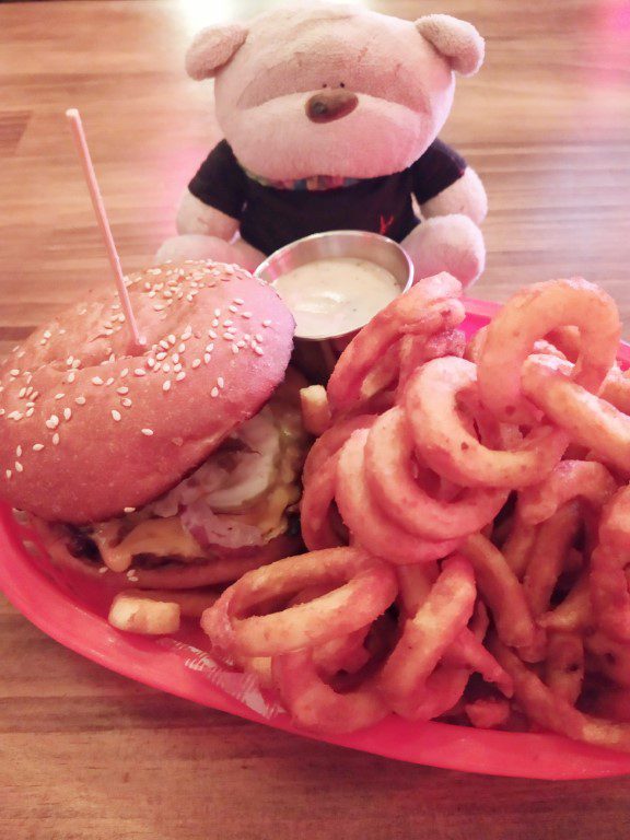 Rogue & Vagabond Craft Beer Bar OG Beef Burger ($17) with Curly Fries ($4)