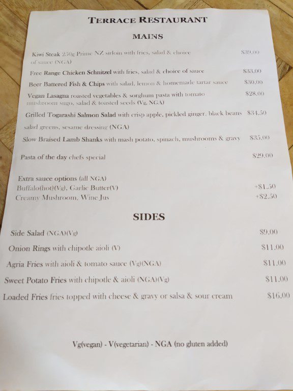 Skotel Alpine Resort Dinner Menu - Mains and Sides