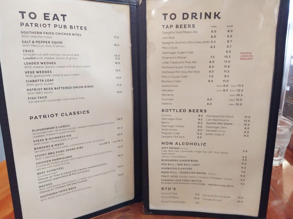 The Patriot Devonport Auckland Food and Drinks Menu