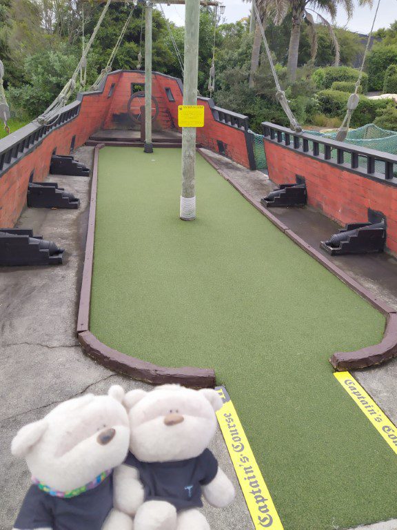 Hole 11 of Captain's Course on a ship in Treasure Island Mini Golf Auckland