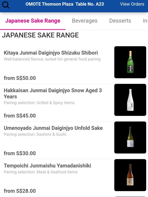 Omote Menu Thomson Plaza Japanese Sake Range