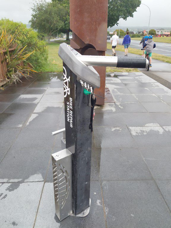 Public bicycle repair station along Lake Taupo