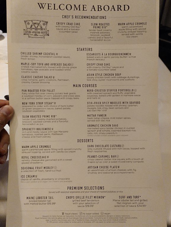 Main Dining Room Dinner Menu Spectrum of the Seas Day 1 Royal Caribbean Cruise