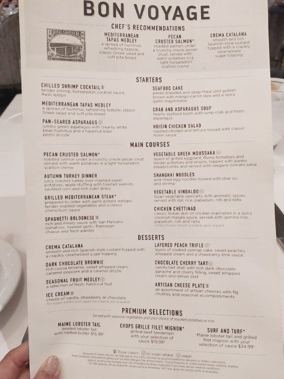 Main Dining Room Menu last dinner Spectrum of the Seas Royal Caribbean Cruise