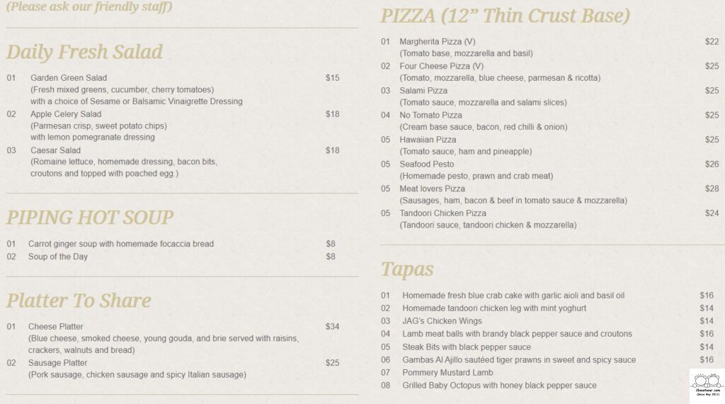 JAG Wine Menu Pizza Salad Soup Platter Tapas