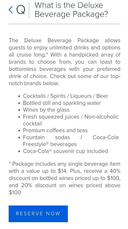 Royal Caribbean Cruise Deluxe Beverage Package Description (drinks up to $14USD)