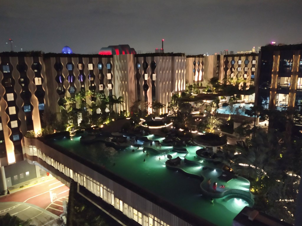 Night views of the Pamukkale Pool at Outpost Sentosa Hotel