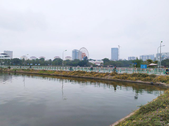 Short cut across the Ho Tay Lake Hanoi which we should have taken