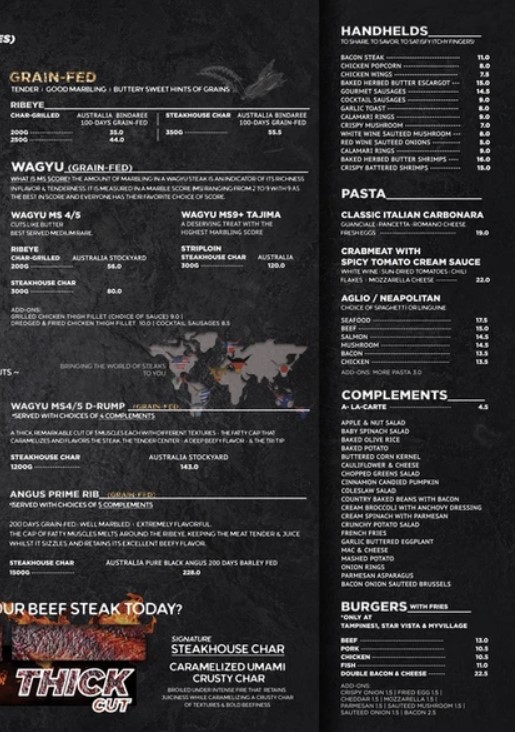 iSteaks Menu - Grain Fed Steaks, Pasta, Burger and Complements (side dishes)