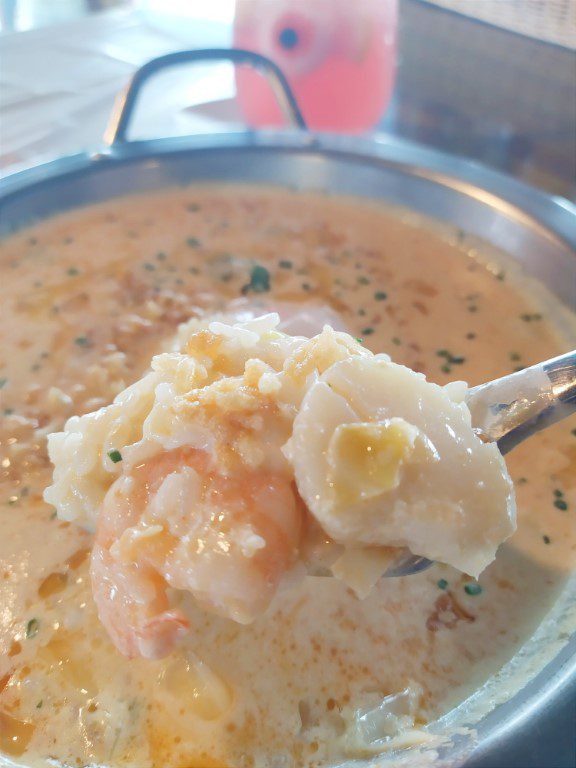 Dancing Crab Value Lunch Sets Review - Poached Rice in Lobster Bisque Soup served with Fried Fish Fillet with close up of scallop, prawns and fish within