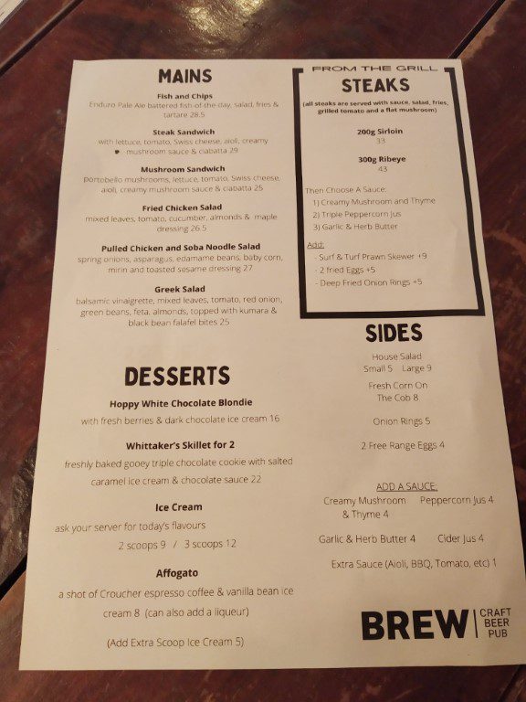 BREW Craft Beer Pub Rotorua Food Menu (Mains Steaks Desserts Sides)