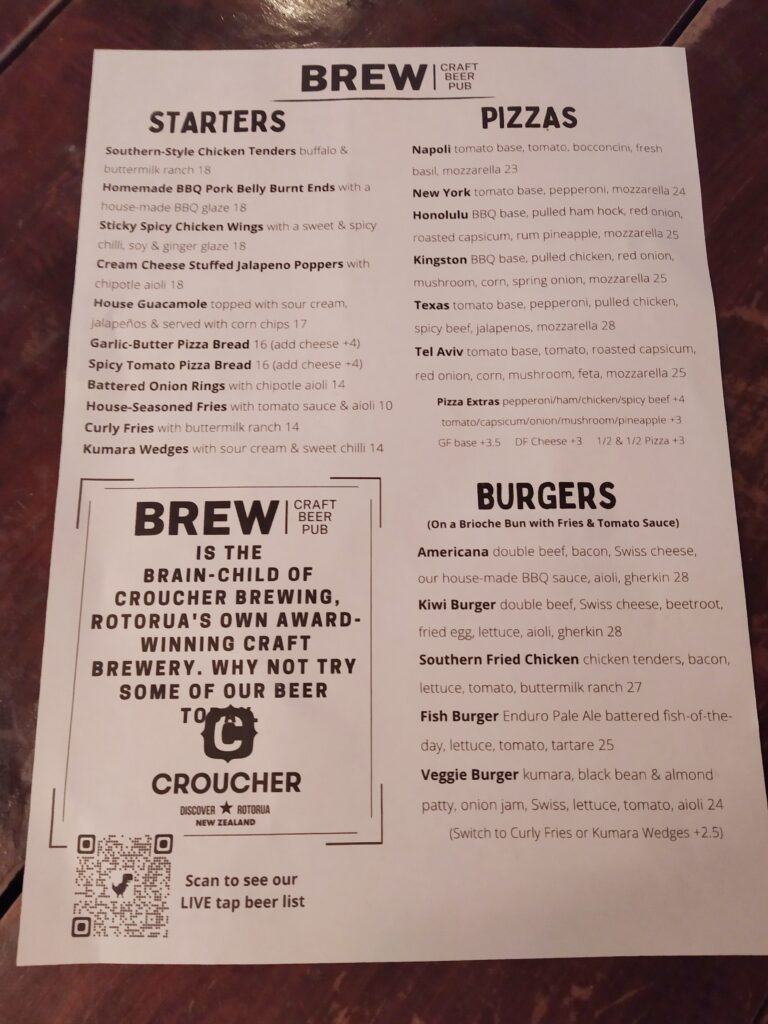 BREW Craft Beer Pub Rotorua Food Menu (Starters Pizzas Burgers)