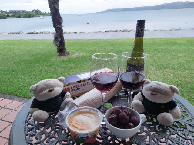 Self-prepared wine and canapes at Millennium Hotels and Resorts Manuels Taupo during sunset