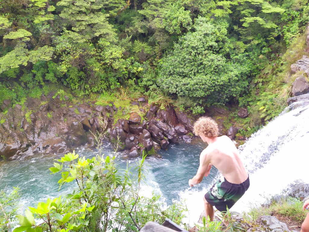 Just before taking the plunge at Tawhai Falls (aka Gollums Pool) New Zealand