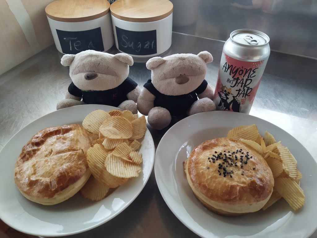 Taumarunui Bakery Steak & Cheese Pie and Chicken Pie enjoyed at Huhu Chalet