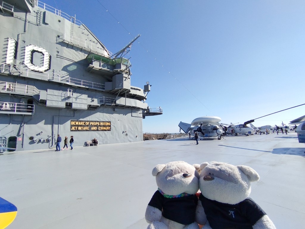 Historic aircrafts at flight deck of USS Yorktown CV-10 at Patriots Point Naval and Maritime Museum