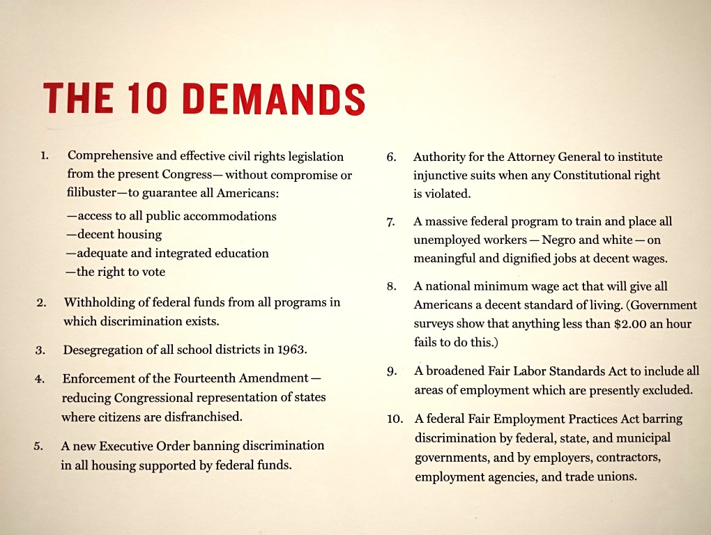 The 10 Demands for the March in Washington for fair wages, employment opportunities and desegregation of all schools - National Center for Civil and Human Rights Atlanta Georgia