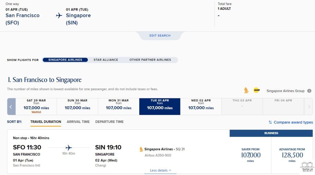 SFO SIN 107000 Miles (Advantage Awards Are ALREADY Waitlisting)