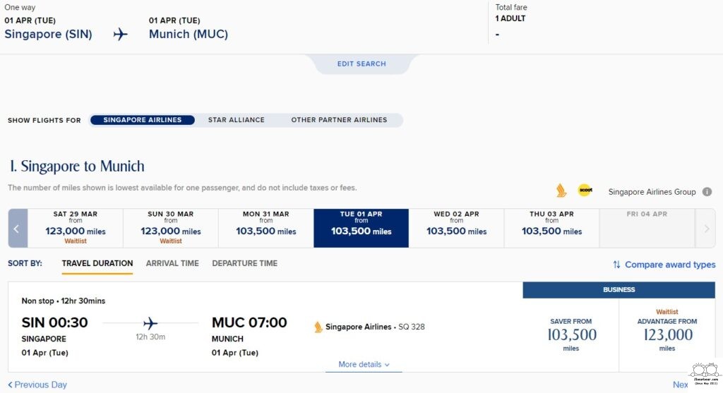 SIN MUC 103500 Miles (Saver Awards are Waitlisted)